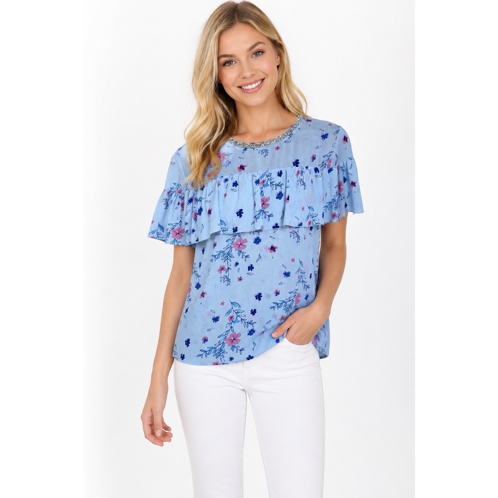 Juicy Couture Floral Ruffle Blouse Blue Pink Jeweled Neck Top M Boho Chic Girl